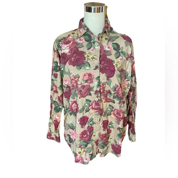 Krazy Kay Long Sleeve Blouse Tan Pink Wine Floral - Picture 6 of 6